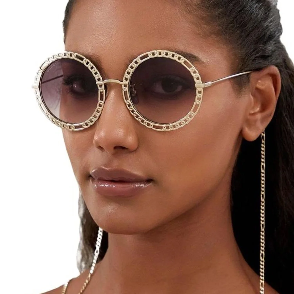 NWT Gucci GG1113S-002 Chain Gold Round 53mm Sunglasses